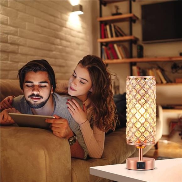 Crystal Table Lamp, Rose Gold Lamp with USB C+A Ports, 3 Way Dimmable Light - Picture 3 of 6